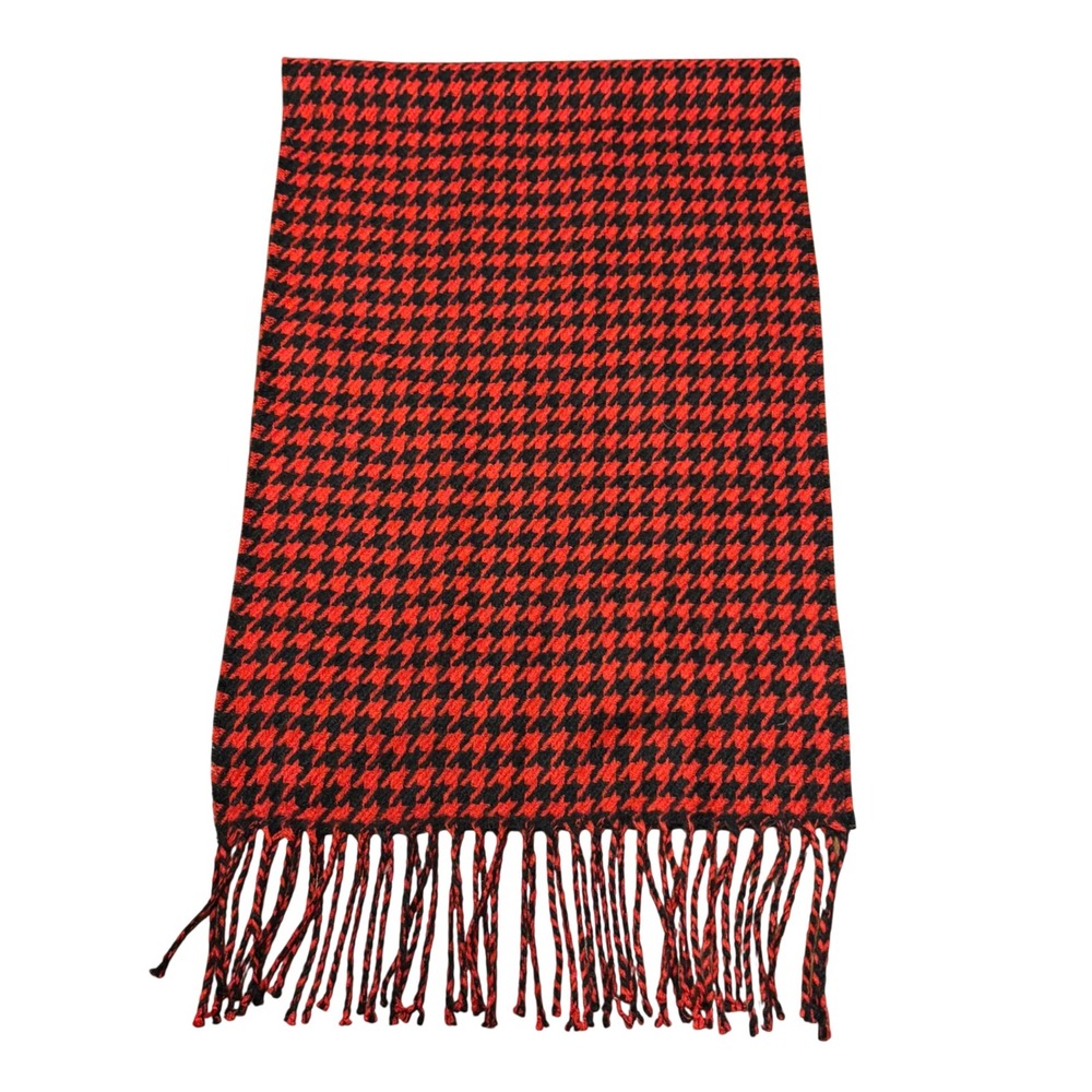 Vintage Red Black Houndstooth 100% Cashmere Fringe Scarf Made in Scotland